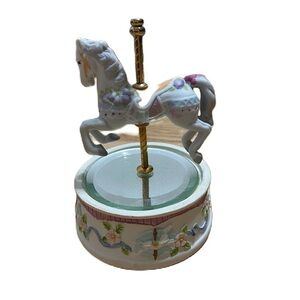 Vintage Carousel Horse Mirrored Round Bisque Music Box Ceramic